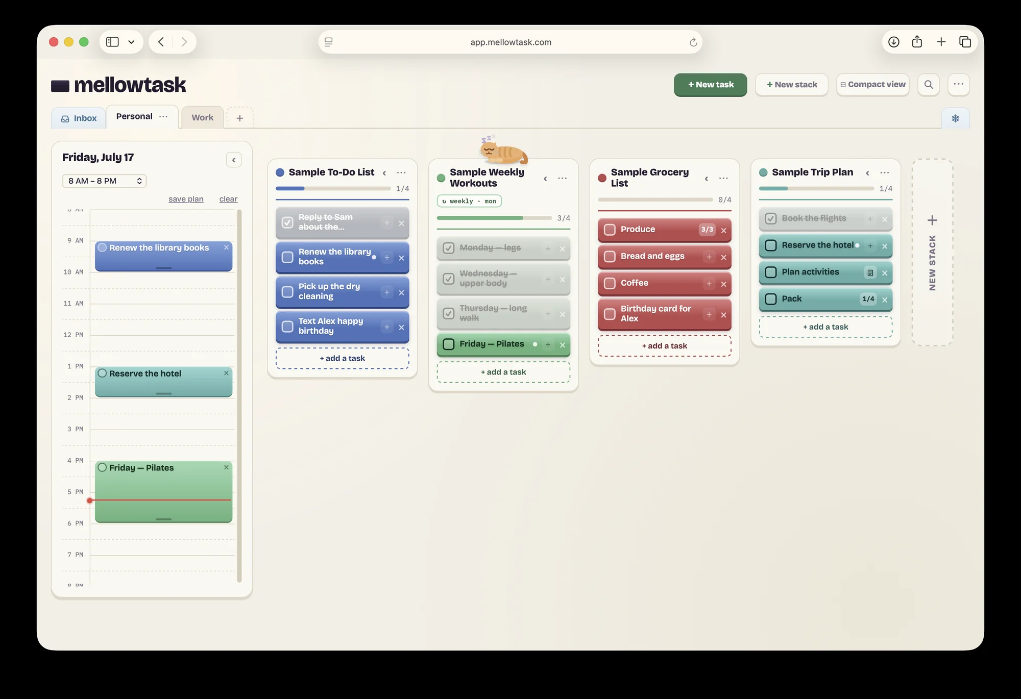 The Mellowtask board, a visual task manager showing four colored stacks of task blocks beside a day timeline.