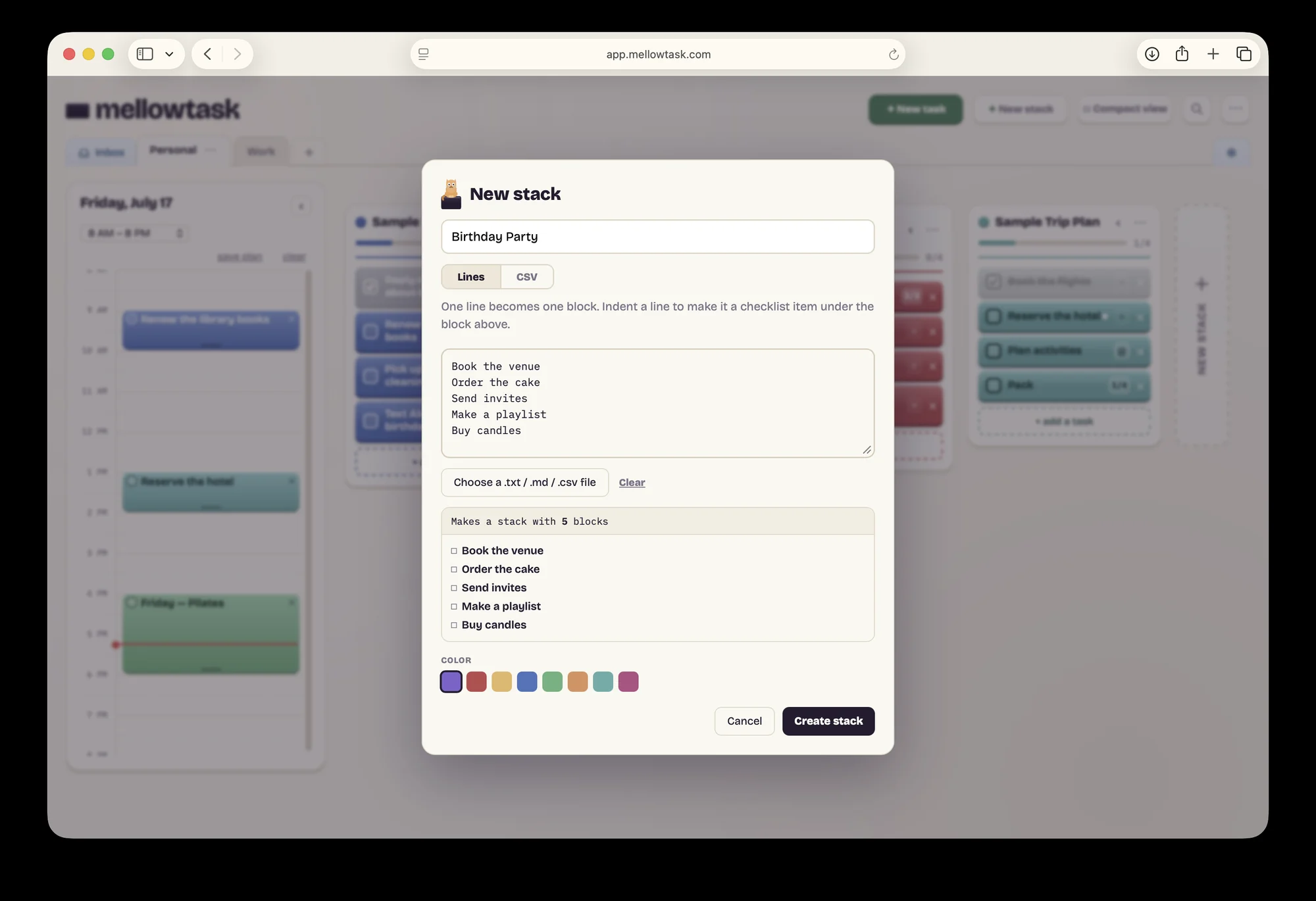 Pasting a plain list into the Mellowtask new stack window, with a preview showing the five task blocks it will become.