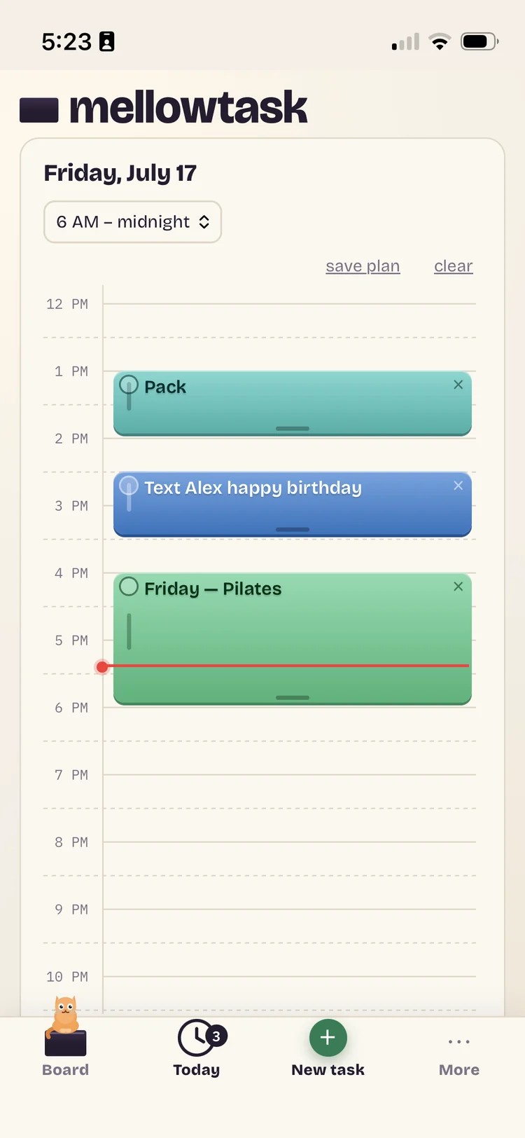The Today timeline on a phone with three task blocks placed in hour slots, one stretched longer.
